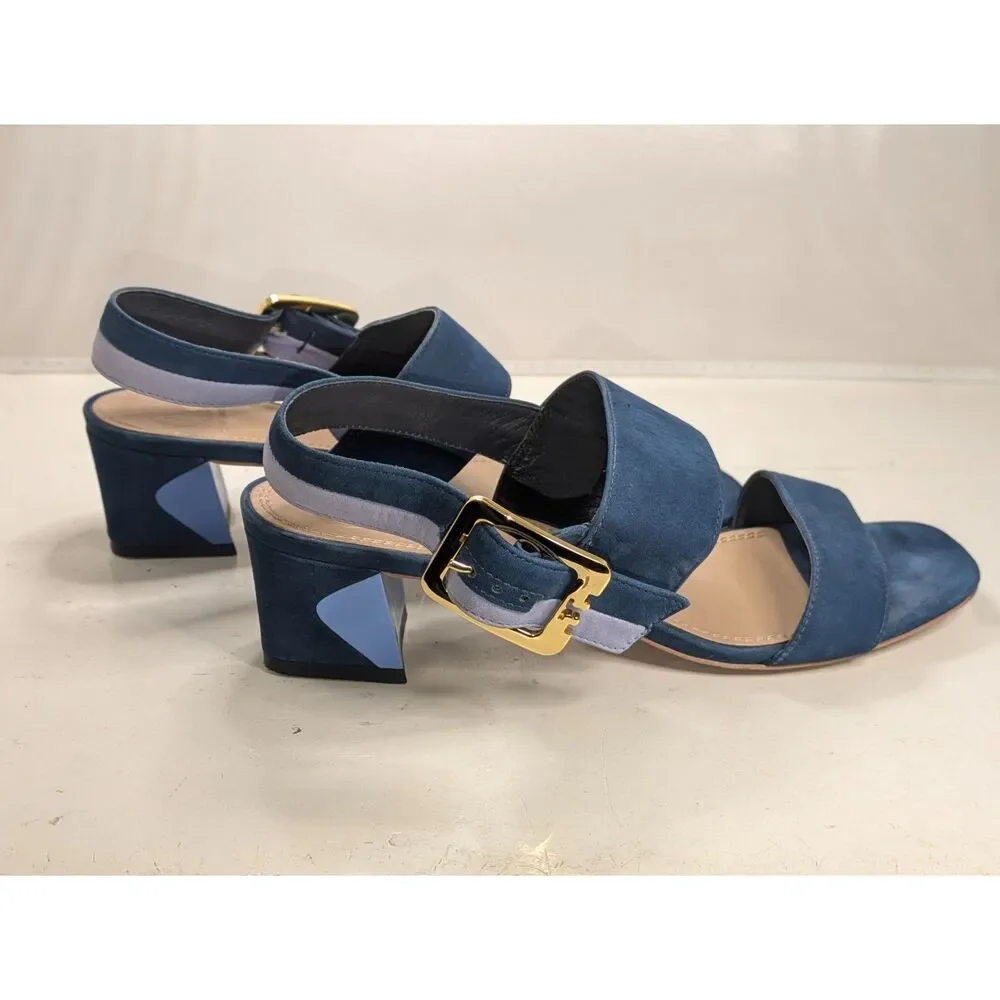 Tory Burch Teal and Light Blue Block Heel Sandals with Gold Buckle